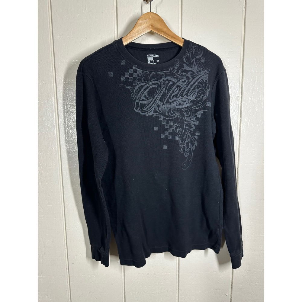 O'Neill Thermal Shirt Mens Medium Black Graphic Print Waffle Knit Long Sleeve